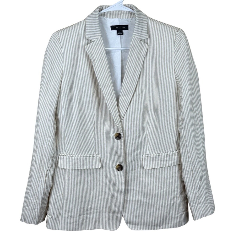 Ann Taylor Blazer Womens 4 Linen Blend Tan White Stripe Professional Summer EUC